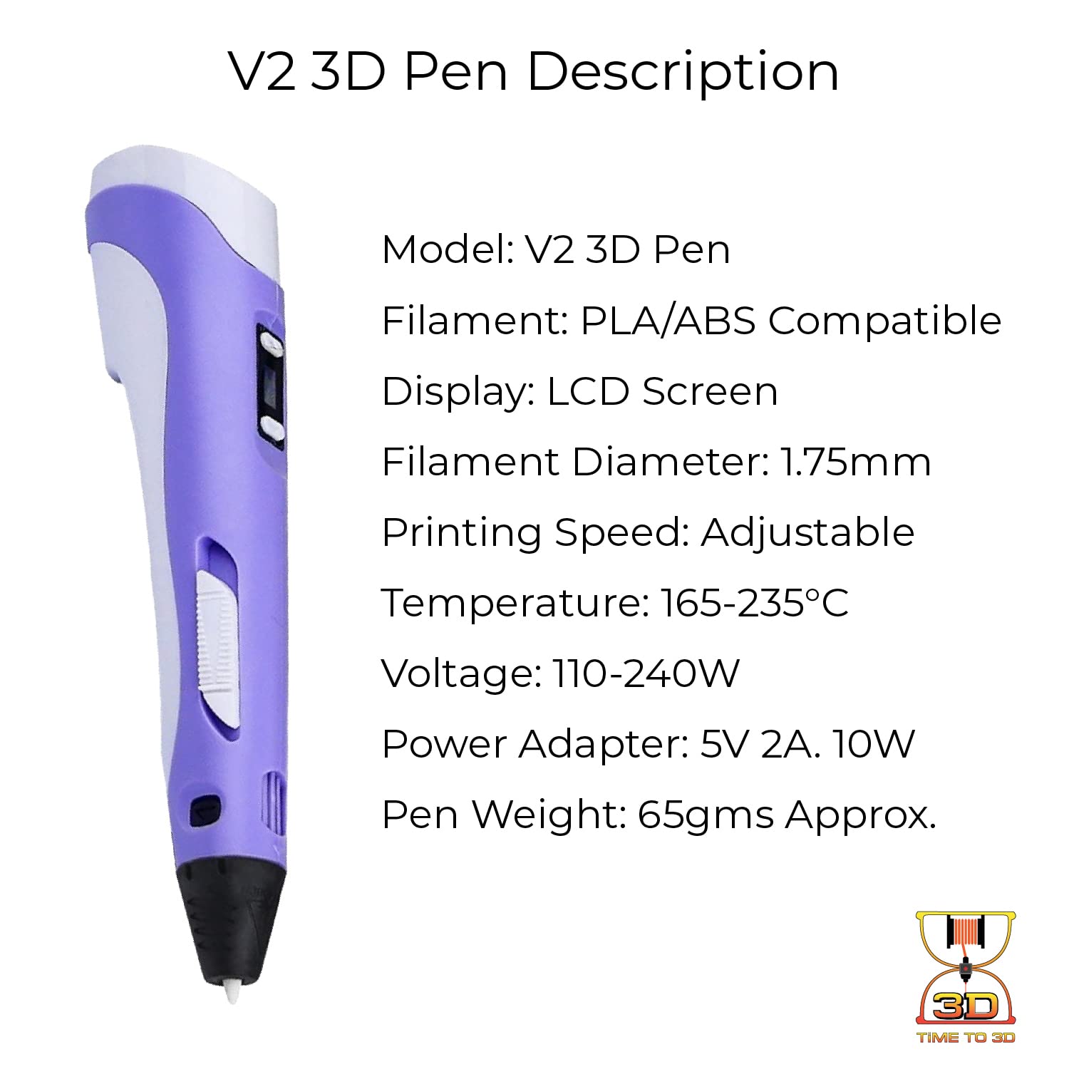 Time To 3D 2nd Generation 3D Pen with Charger, Stand & LCD Display | for Drawing, Doodling, Arts, Model Making, Project & Education | Free 3 Colors of 3m Each Filament - Purple 1