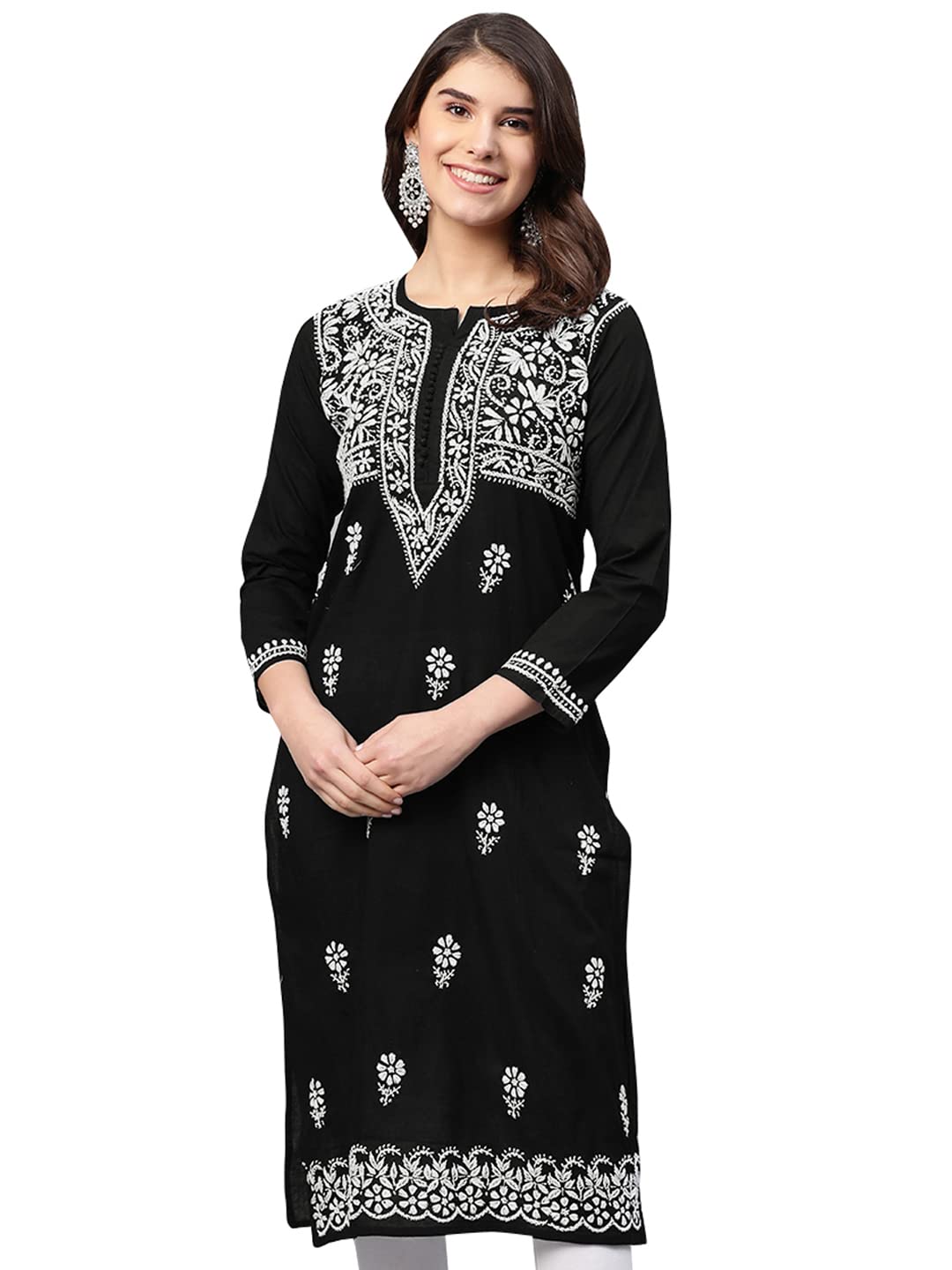 AdaWomen's Pure Cotton Straight Fit Straight Hand Embroidered Lucknow Chikankari Kurti Kurta A341075