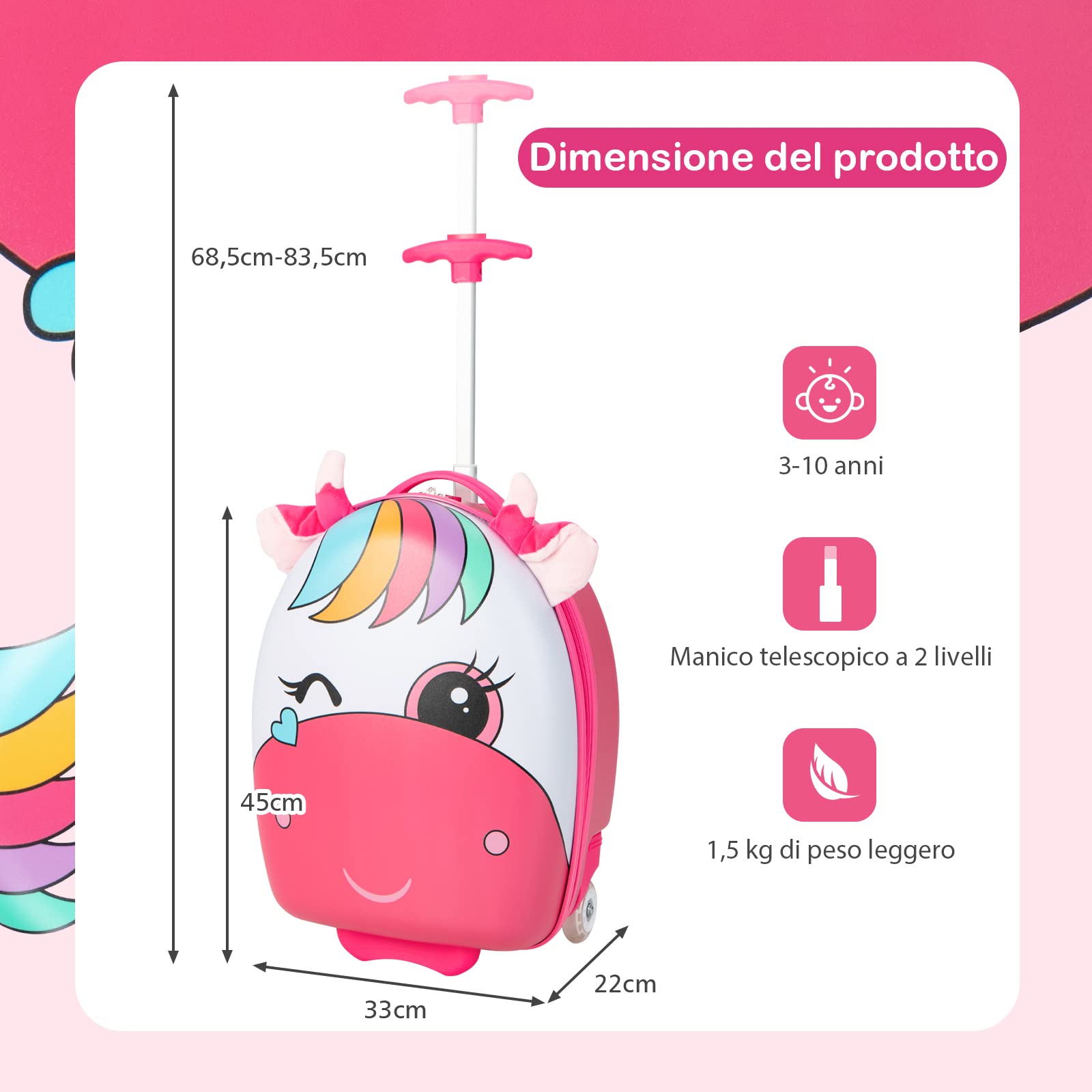 RELAX4LIFE Valigia Trolley 16'' per Bambini con Ruote Lampeggianti e Maniglia Retrattile a 2 Livelli, in Plastica ABS e PC, per Asilo Scuola e Viaggio, 33x22x68,5-83,5cm (cavallo rosa)