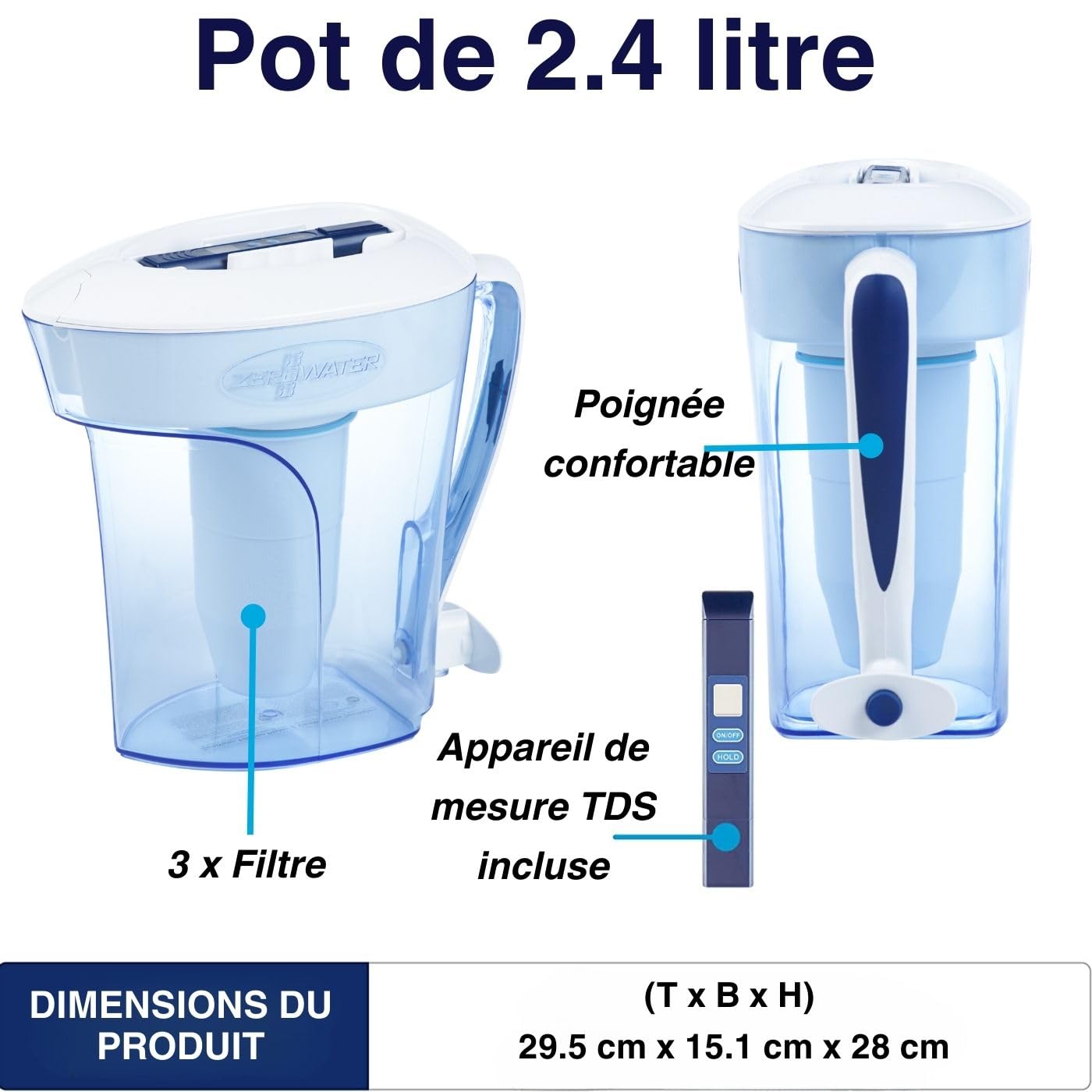 ZeroWater Pack Carafe filtrante d'eau 2,4 L avec 3 Cartouches de filtre à eau de rechange et Indicateur de qualité d'eau, sans BPA et certifié pour réduire Le Plomb et Les Autres métaux Lourds