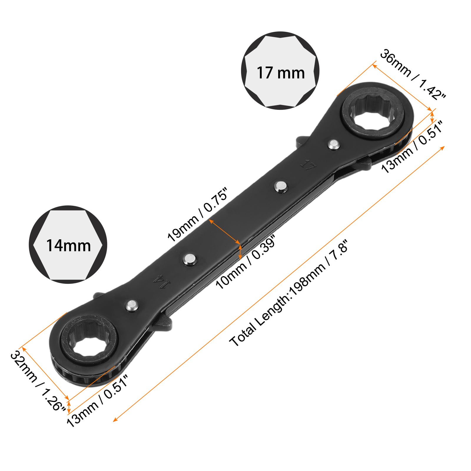 Chiave a cricchetto Reversibile a Doppia estremità 14 mm x 17 mm in Acciaio CR-V, Rotazione a 180 Gradi, metrica, Doppia Testa, 12 Punte, 24 Denti, Regolabile, Nera
