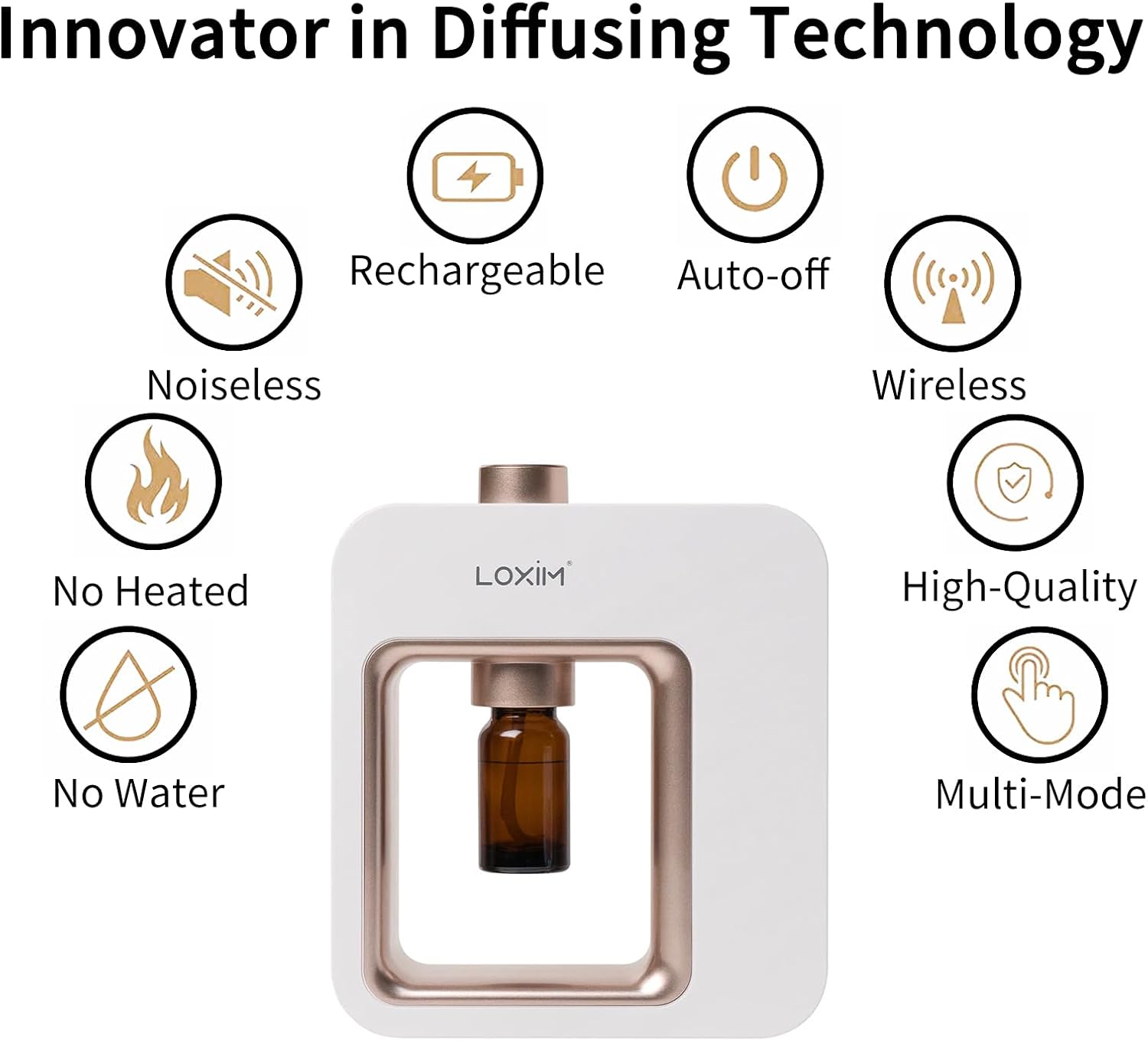 Diagram showing key features of the LOXIM diffuser: Noiseless, Rechargeable, Auto-off, Wireless, No Heated, No Water, High-Quality, Multi-Mode.