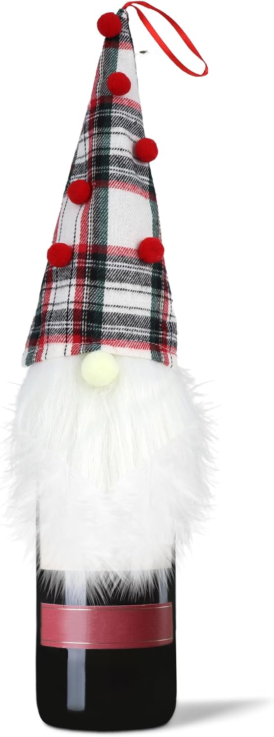 Needzo Christmas Gnome Wine Bottle Topper, Decorative Cover for Bottles, Giving (Plaid)