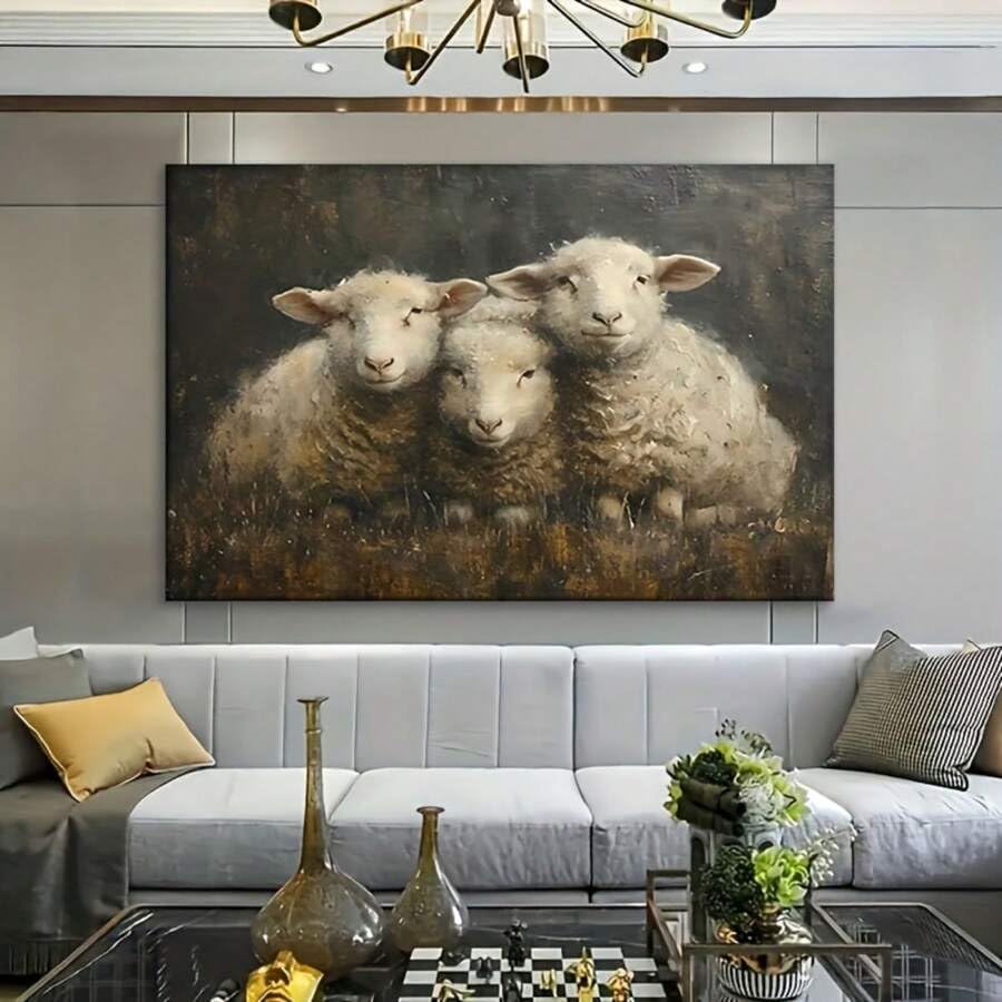 Toile murale trois moutons pour réchauffer un salon rustique - 4