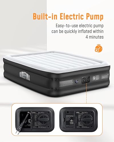 Miniatura 4 de Airefina Colchón de aire de tamaño matrimonial de 18 pulgadas con bomba integrada, colchón inflable con autoinflado, duradero, portátil y flocado,