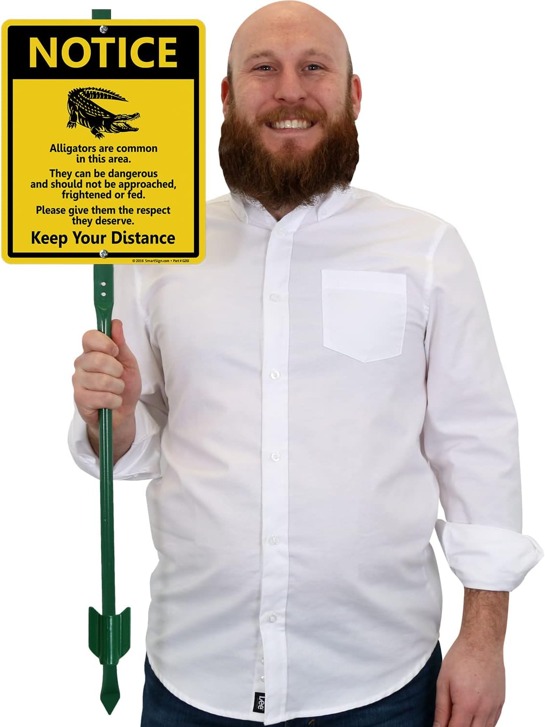 SmartSign 12 x 10 inch “Notice - Alligators Are Common In This Area - Keep Your Distance” Yard Sign with 3 Foot Stake, 40 mil Laminated Rustproof Aluminum, Black and Yellow, Made in USA