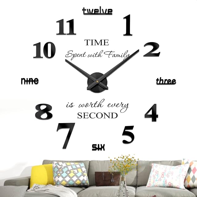 VANGOLD Modern Mute DIY Frameless Large Wall Clock 3D Mirror Sticker Metal Big Watches Home Office Decorations(Black)