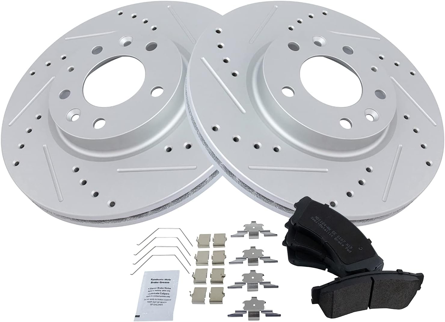 TRQ Brake Rotor Drilled & Slotted Coated & Semi-Metallic Pad Front Set Compatible with Ford