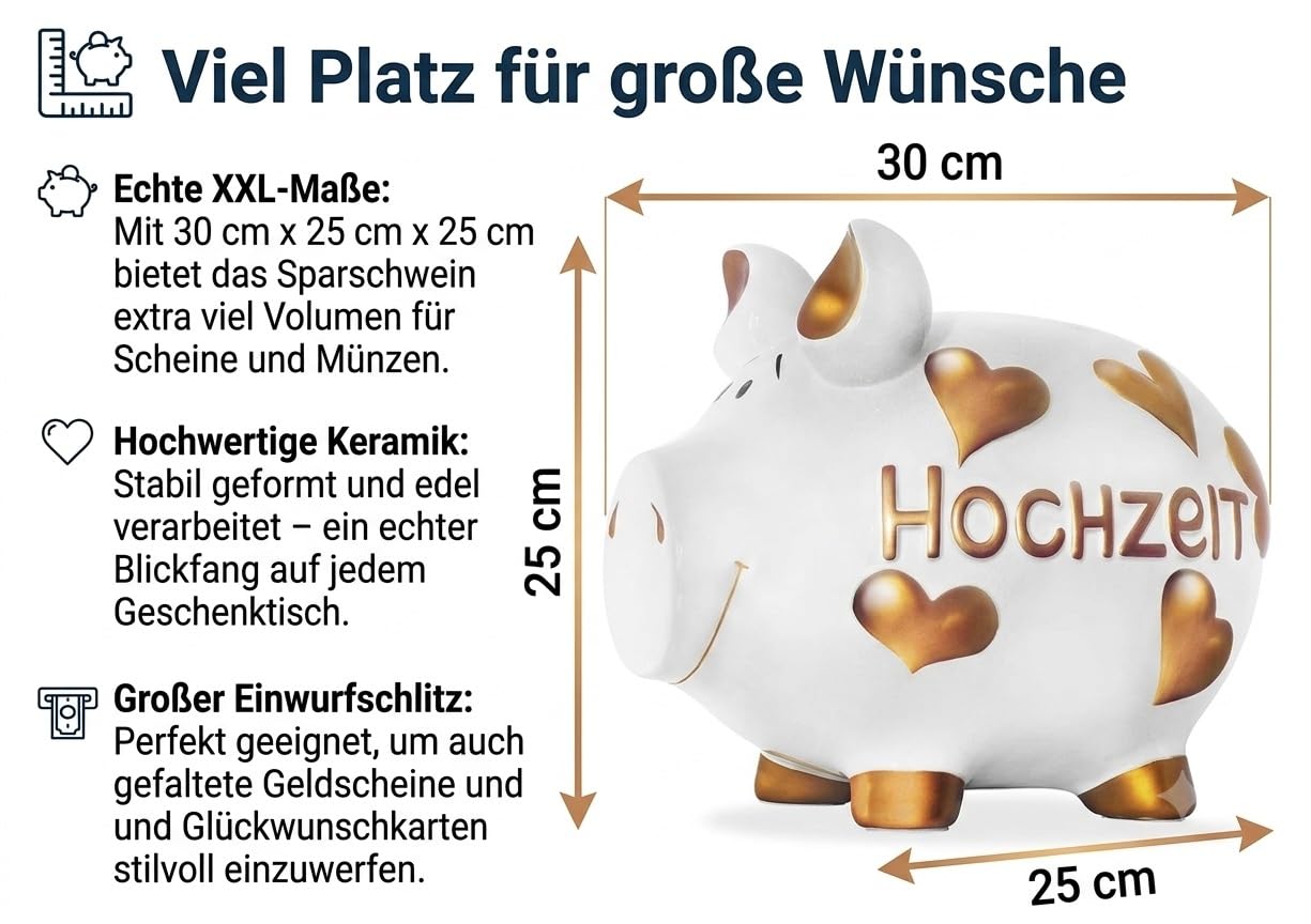 Hochzeit XXL Sparschwein aus Keramik – Hochzeitsgeschenk für Ehepaare & Brautpaar – Große Spardose zur Hochzeit - Geldgeschenk mit Gold-Herzen - Weiß Gold - 30x25x25 cm