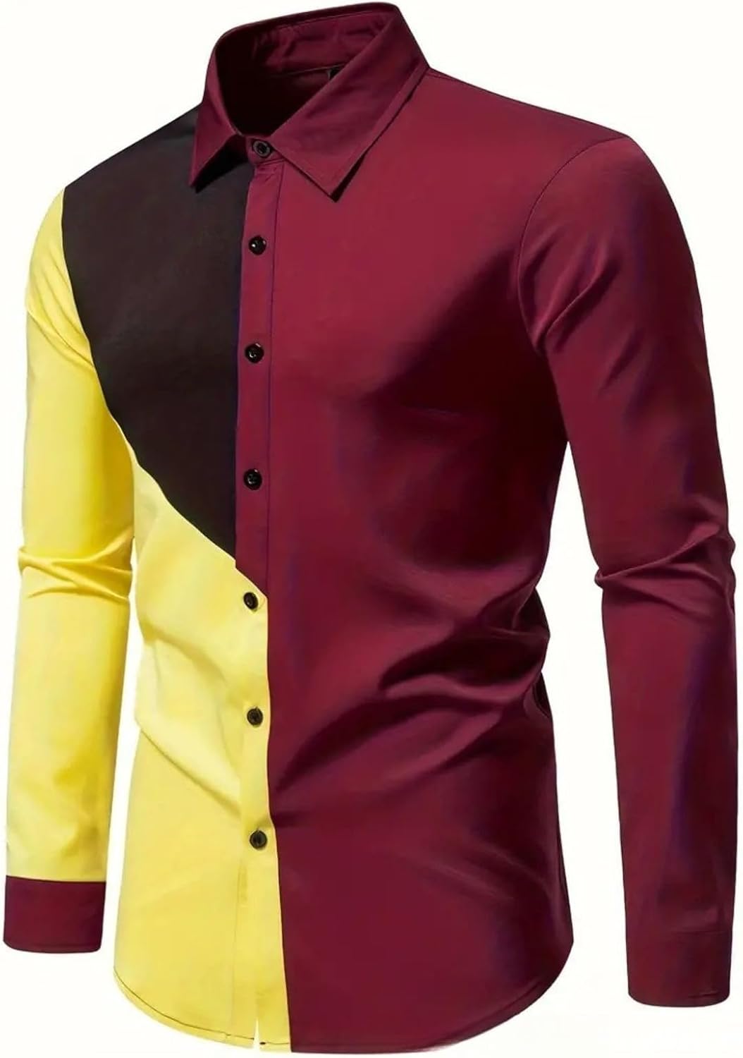 Men Fit Button Up Dress Shirt Stitching Slim Collar Long Sleeve Shirt Block Color Stylish Casual Business Shirt