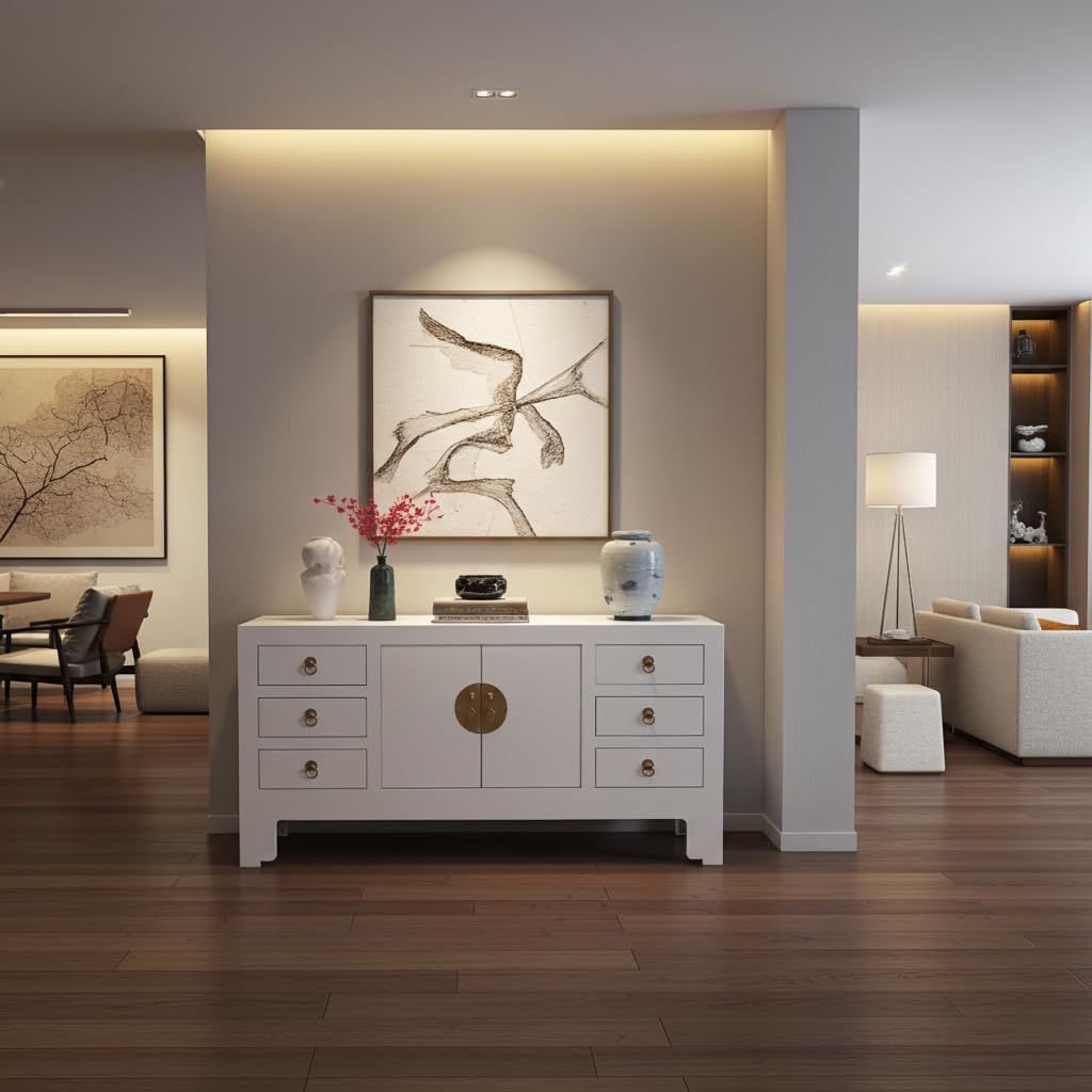 Fine Asianliving Mobile TV Cinese Bianco Neve - Orientique Collezione L121xP37xA61cm Chinesischer TV schrank China Oriental Asiatique Fernsehschrank TV Regal TV Tisch TV Möbel TV Board