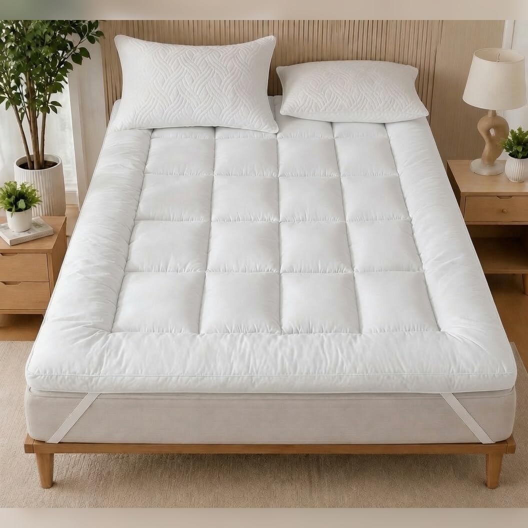 Luxurious Supersoft Super King Mattress Topper | Machine Washable & Hotel Quality Box Stitch 1100GSM Microfibre 180X200CM Quilted Toppers Elasticized Corner Straps Breathable