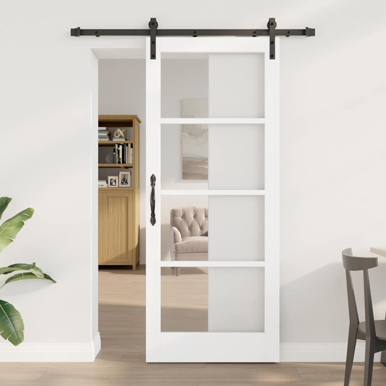 Drzwi przesuwne ORKDAL 152,5 x 202 cm z litego drewna sosnowego i szkła, białe – ciche elementy przesuwne, w zestawie szyna i akcesoria do sypialni i salonu