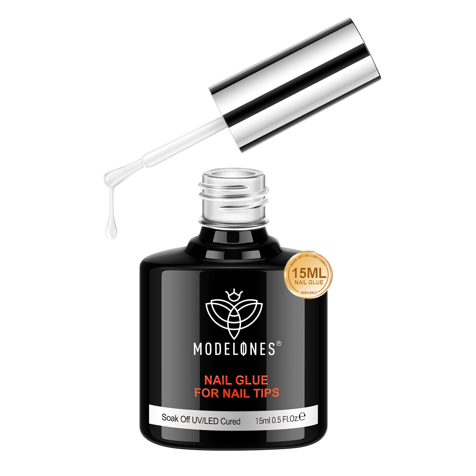 Modelones 4 in 1 Nail Glue Base Coat Nail Polish Set Brush On Gel Nail Glue 15ml for Rhinestone, False Nails, Blooming Nail Art Gel Nail Kit for Acrylic Nails U V Lamp Needed