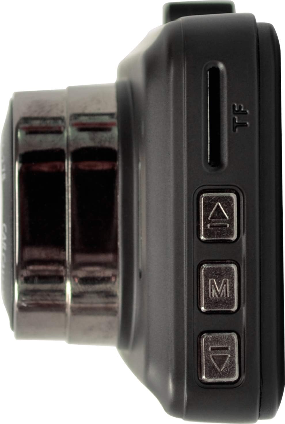 Right side view of Whistler D14VR Dash Camera showing Micro SD card slot and menu buttons