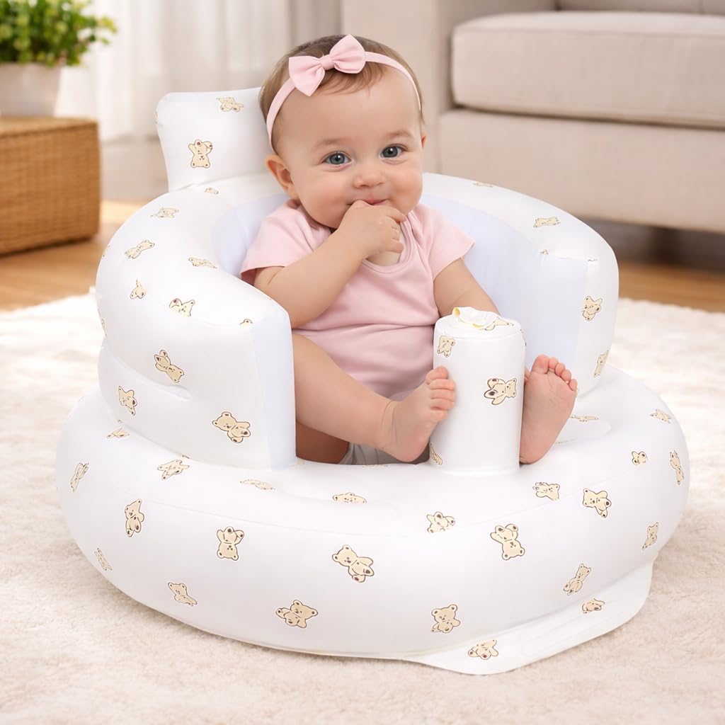 Kresal Art Baby Sitting Support Chair for Infants, Soft Sofa Floor Seat with Built-in Air Pump, Baby Learning to Sit Trainer, Blow Up Babies Chair for Sitting, Feeding & Playtime(Bear,3–36 Months)-image-0