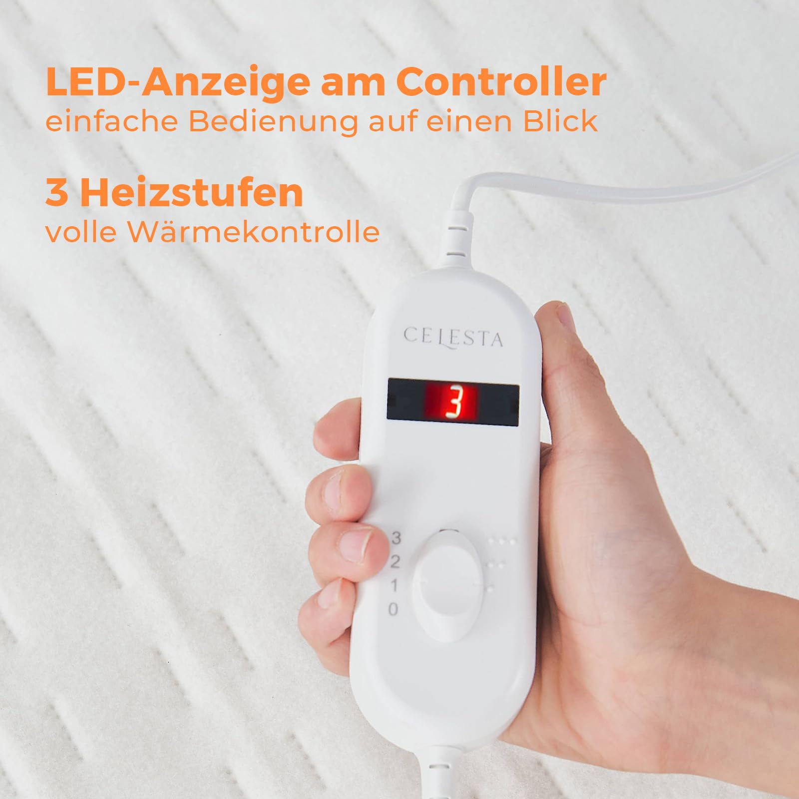 CELESTA Wärmeunterbett 150x80cm, Heizdecke mit 3 Temperaturstufen, LED-Controller & Überhitzungsschutz, maschinenwaschbar & atmungsaktiv, Weiß