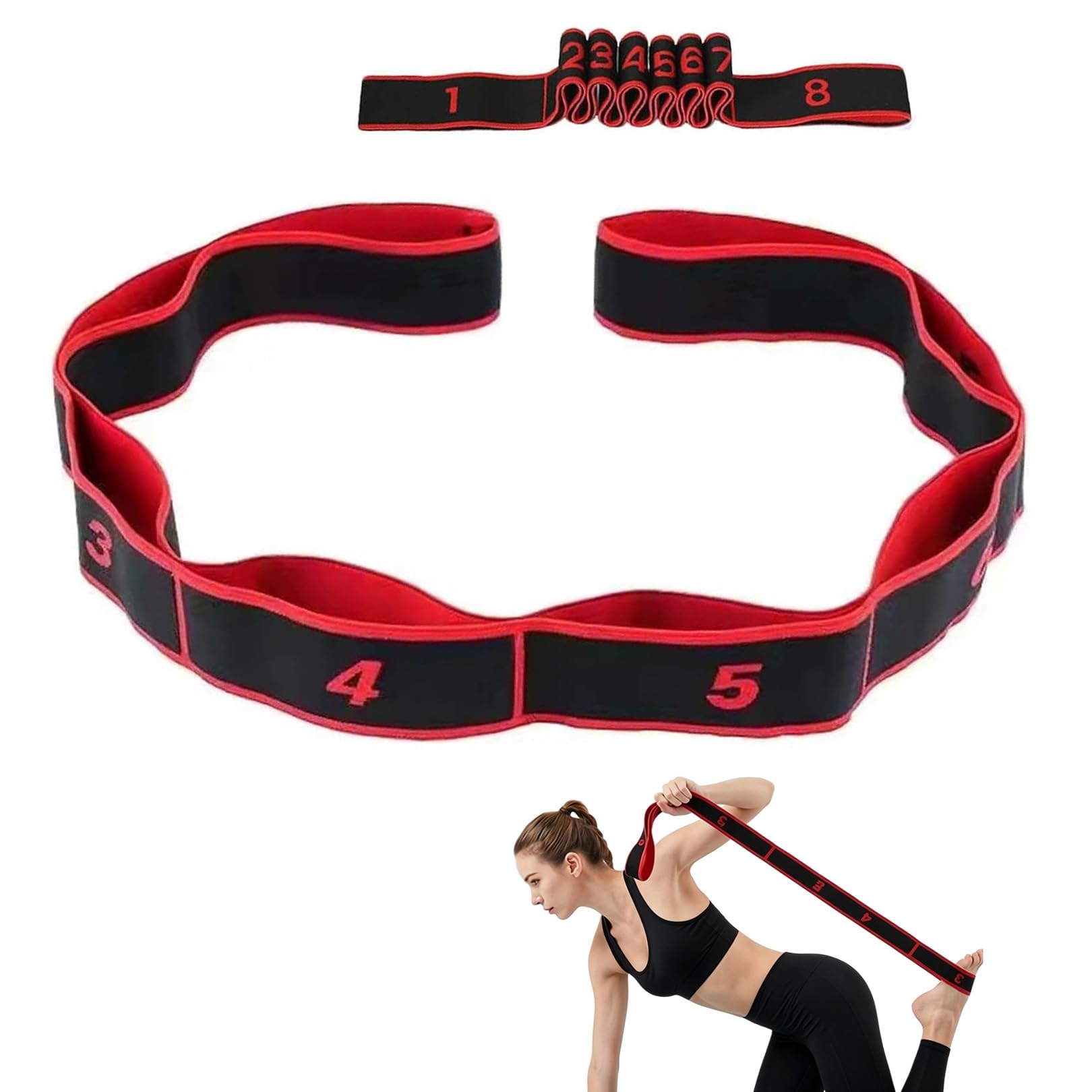 Fitness Resistance Band Stretching Strap with 8 Sections,Yoga Pilates Stretch Belt with Numbers,Dance Training Pull Strap for Flexibility Gymnastics Exercise Adults Kids Red Black Adjustable 90-180CM