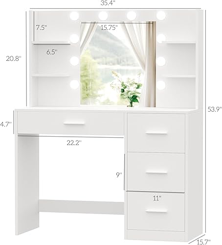 Miniatura 6 de Irontar Escritorio de tocador, tocador de maquillaje con 10 luces LED y 4 cajones, brillo ajustable, tocador con 6 espacios abiertos, mesa de