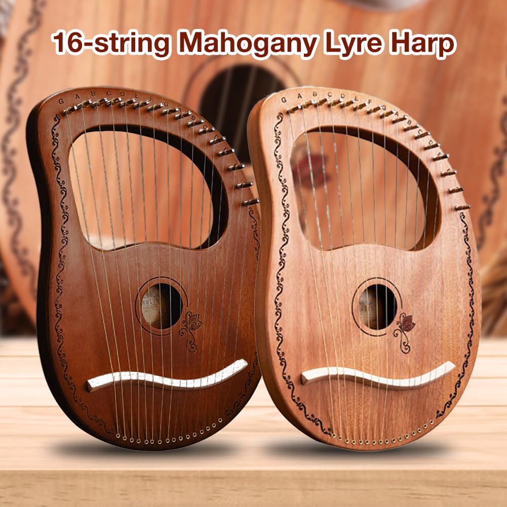 Arpa de lira de 16 cuerdas, instrumento de cuerdas de caoba con material | perfecto, arpas acústicas de caoba resistentes, instrumento de cuerda orquestal profesional para amantes de la música