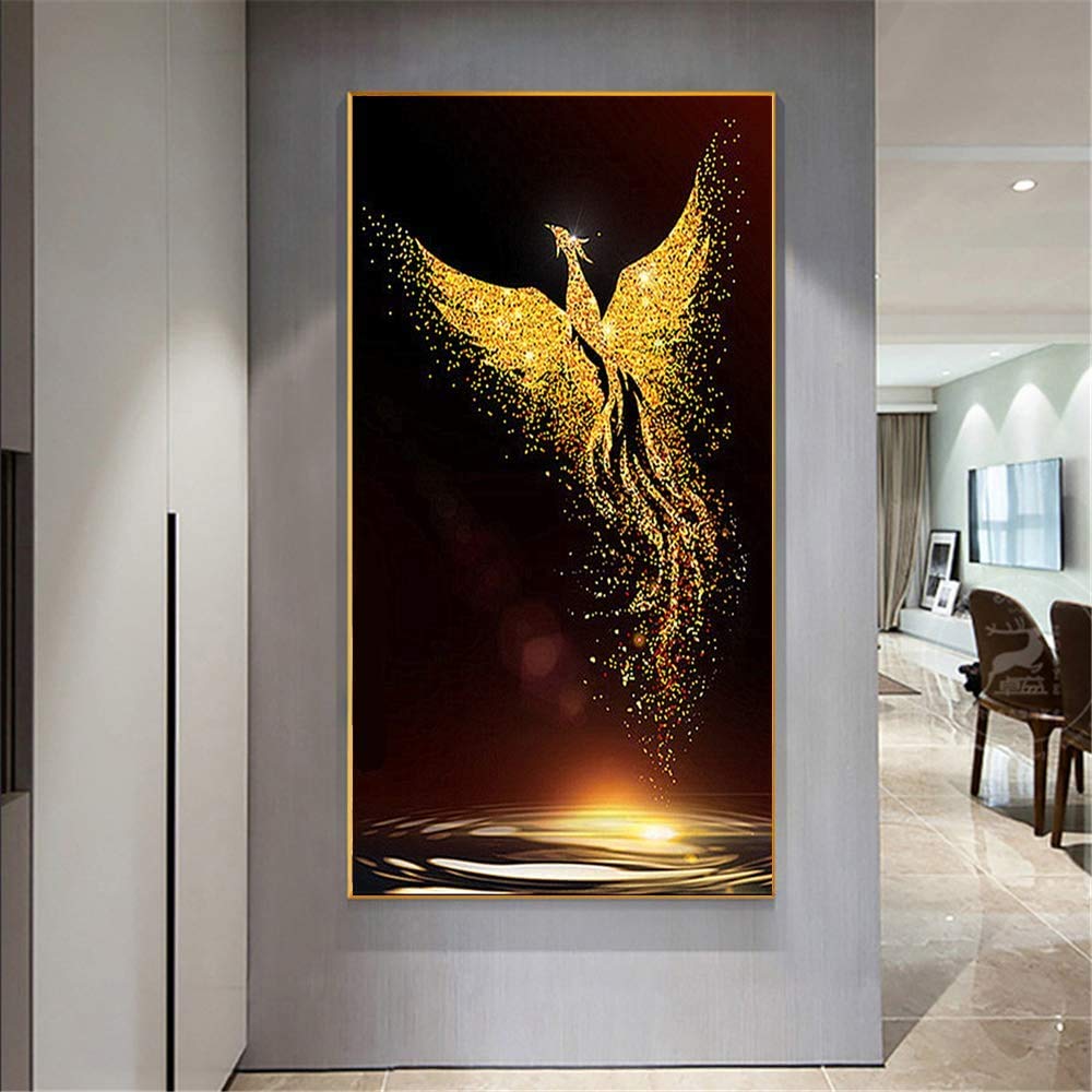 DIY 5D Golden Phoenix Diamond Painting per adulti, punta piena di strass, per decorazione della casa (60 x 120 cm)