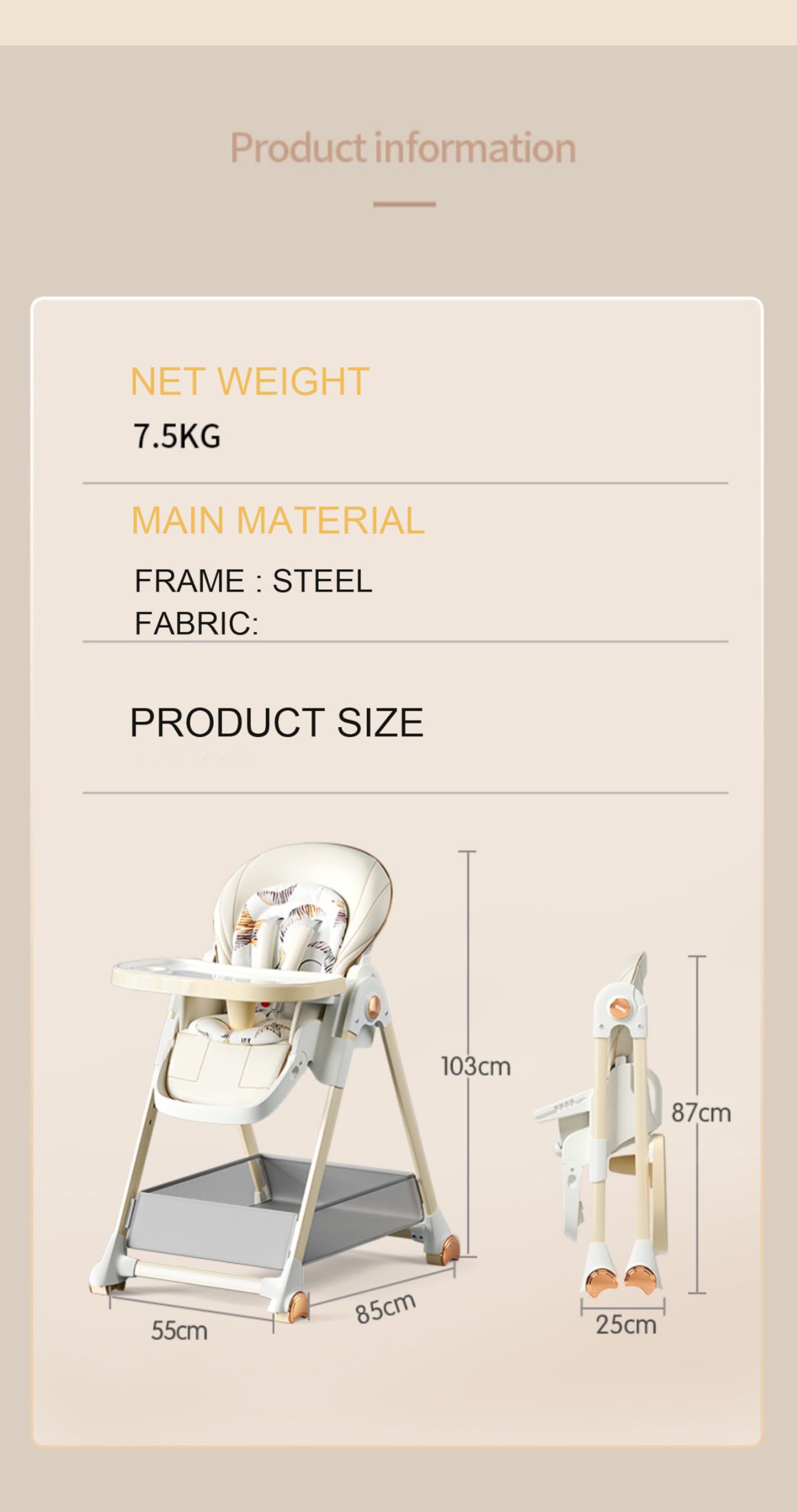 Nine point nine Cuero PU Trona de Bebe, Multifuncional Convertible Trona Plegable con 6 Alturas y 3 Posiciones Reclinables, Silla Bebe Comedor con Bandejas Dobles Desmontables y Ruedas (808 Khaki)