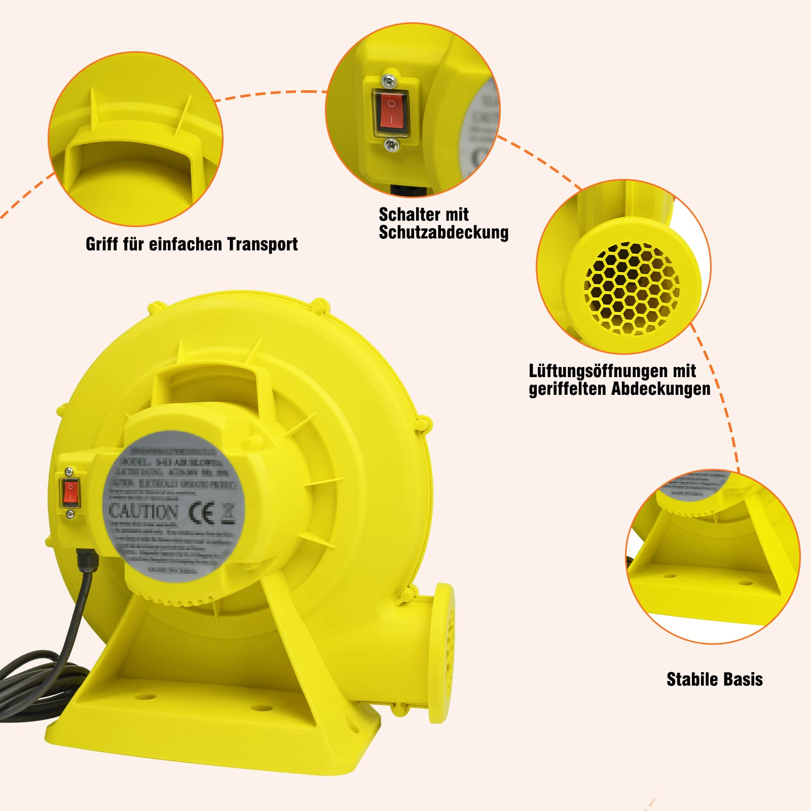 Ventilatore elettrico da 350 W, pompa ad aria, ventilatore a turbo, portatile, con manico, ventilatore permanente, con grande fondo e apertura dell'aria