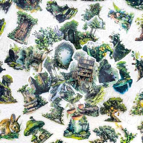 Image of 50PCS Vintage Fantasy Forest Clear Stickers for Scrapbooking - Green Fairycore Cottagecore Aesthetic Stickers for Journaling, Bullet Diary, Planners, Nature Botanical Decals