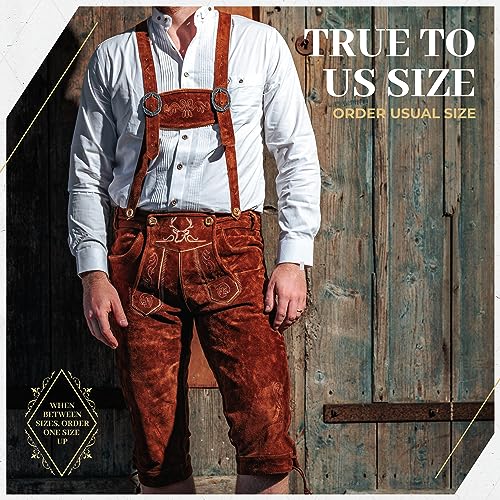 Bavaria Trachten Lederhosen For Men - Genuine Leather Authentic German Lederhosen Men - Bundhosen Men - Original Oktoberfest Costume/Outfit - Light Brown - Kneebound (Long) #TOP4