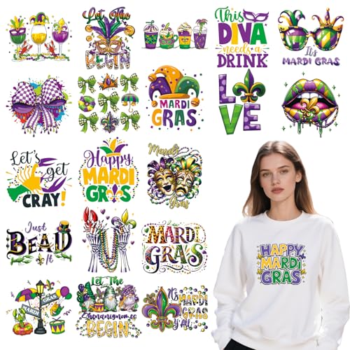 Mardi Gras Iron on Patches for T-Shirts - Shejdgart 20 Pcs Masquerade Mask Dtf Transfers Ready to Press Bow Gnome Iron on Stickers Heat Transfer Vinyl Decals for DIY Fabric Clothes Decor