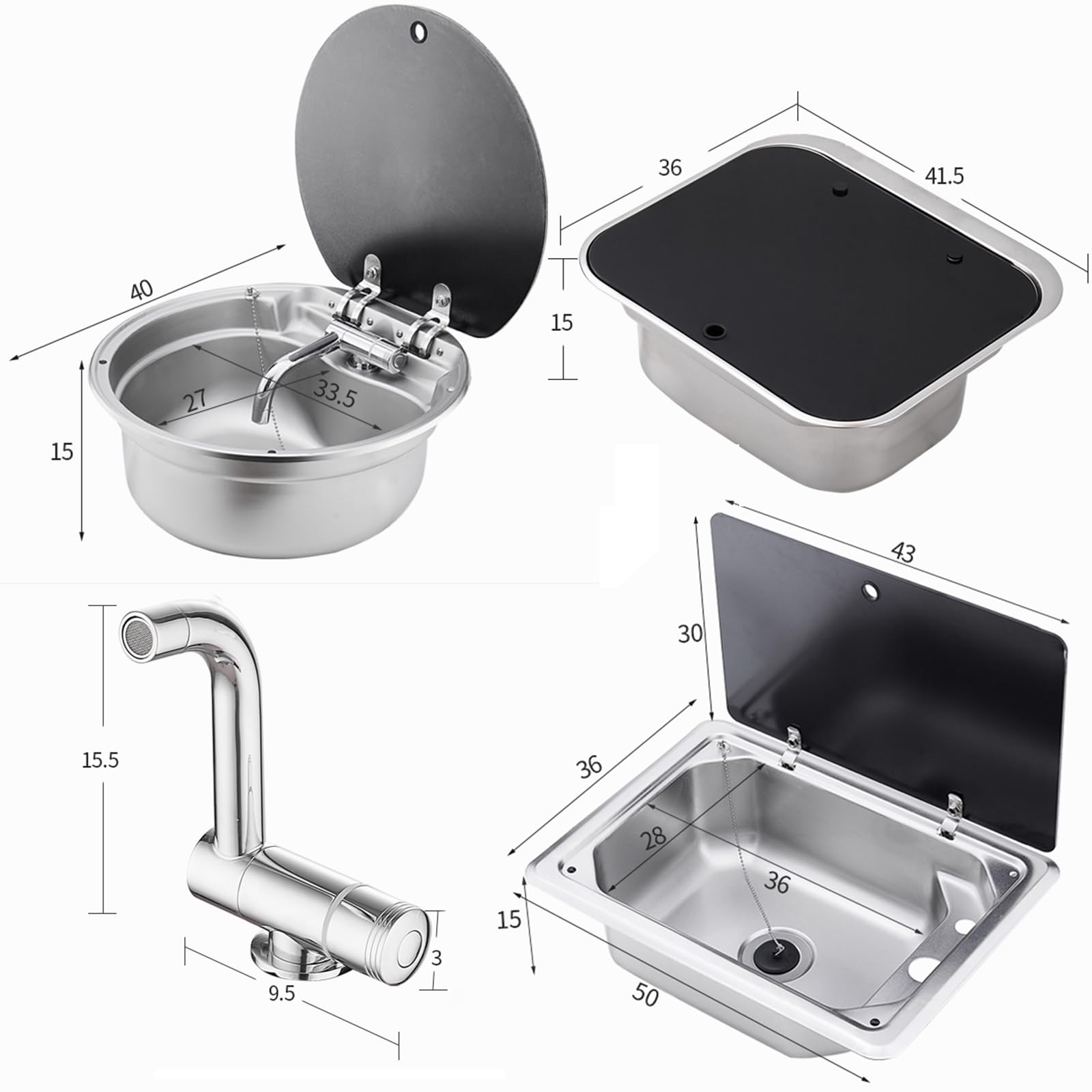 Edelstahl-Spülbecken für Wohnwagen und Wohnmobile mit Einzelbecken, klappbarer Armatur, Deckel aus gehärtetem Glas, Einbau-Handwaschbecken für Küchentheke, Outdoor-Wohnmobil, Anhän