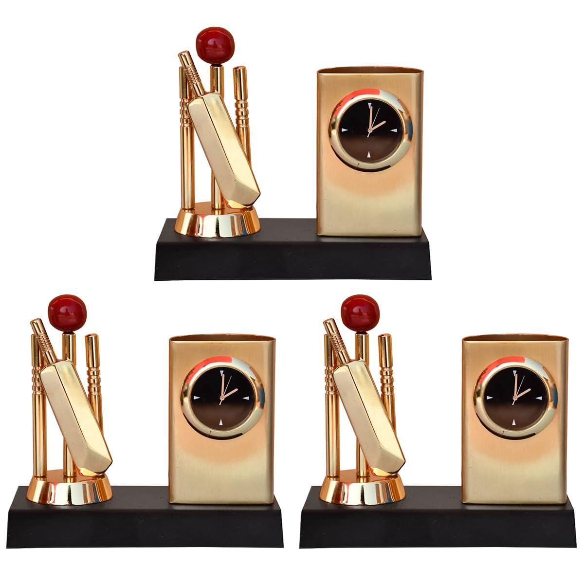 Saugat Traders Corporate Gifts for Clients Metal Cricket Pen Stand With Analog Watch Unique Gift Pack of 3 - Diwali - New Year Gift for Clients - Cricket Tournament