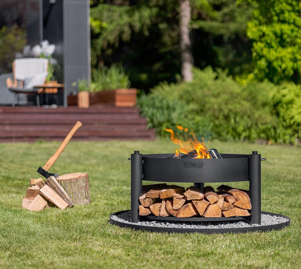 CookKing Feuerschale Montana X 60 mit Holzlager und Zubehör aus Rohstahl Ø 60 cm handgeschweißt wetterfest inklusive Grillrost und Befestigungsmast für Garten Terrasse Outdoor