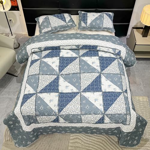 Housse de lit avec 2 taies d'oreiller patchwork gris floral grand lit
