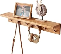 TREOAKWIS Oak Wood Coat Rack Wall Mount with 27.5" Shelf & 6 Hooks - Entryway Floating Shelf for Hallway, Bathroom, Living Room