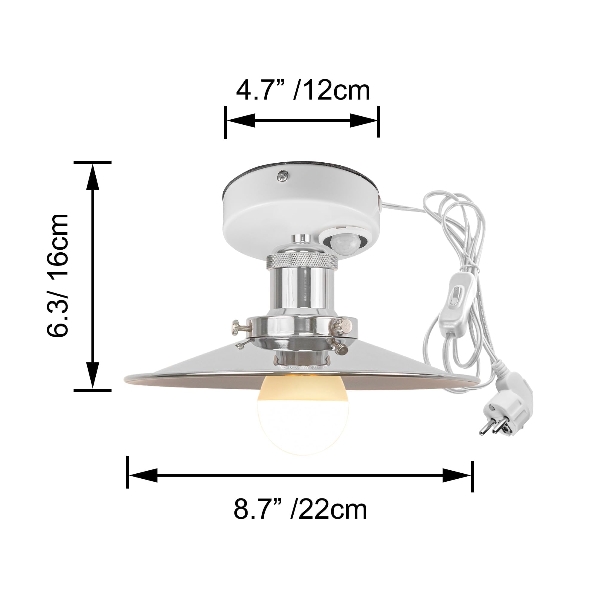 Plafoniera con sensore di movimento interno, lampada da soffitto in ferro industriale, sensore di movimento radar con cavo da 4,5 m e portalampada E27, per corridoio, bagno, scale, garage