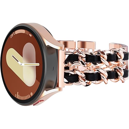 Surace Compatible for Samsung Galaxy Watch 7 Band, Women Bracelet for Galaxy Watch 7/FE/6/5/4 40mm 44mm, Galaxy Watch 6 Classic 43mm 47mm Galaxy Watch Active 2 Bands, Rose Gold Link with Black Leather