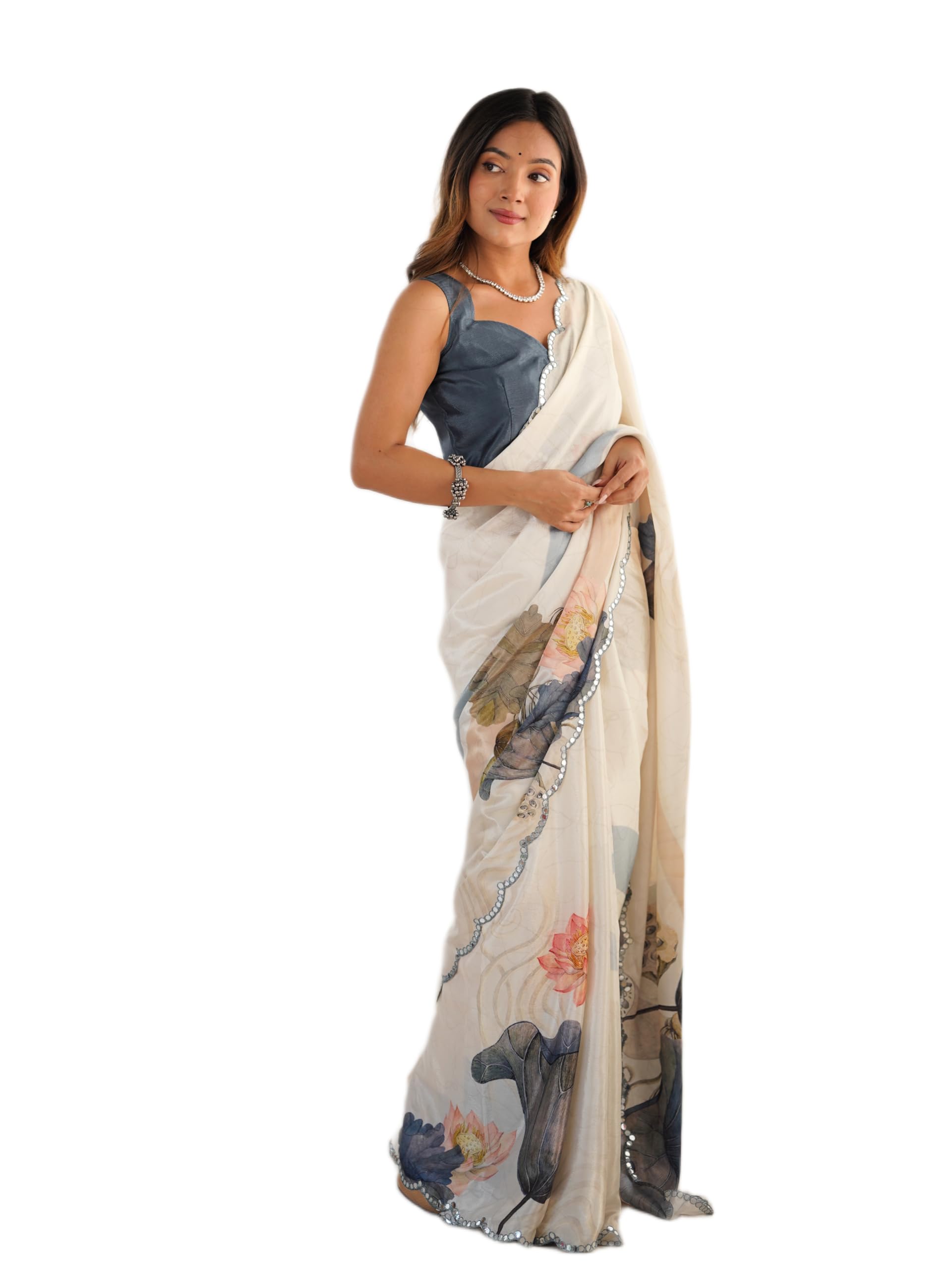 Women's Chinnon Fabric Printed Saree with Beautiful Kutchi Mirror Work Lace Border and Matching Blouse Piece – Elegant Traditional Saree for Women-image-26