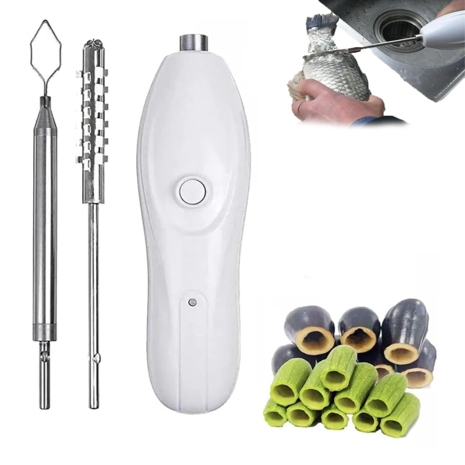Multifunctional Electric Handheld Fish Scale Remover, Replaceable Blade Fruit Digging Vegetable Corer for Coring and Hollowing, Portable Vegetable Corer Cordless Zucchini Corer12.8 in length（White）