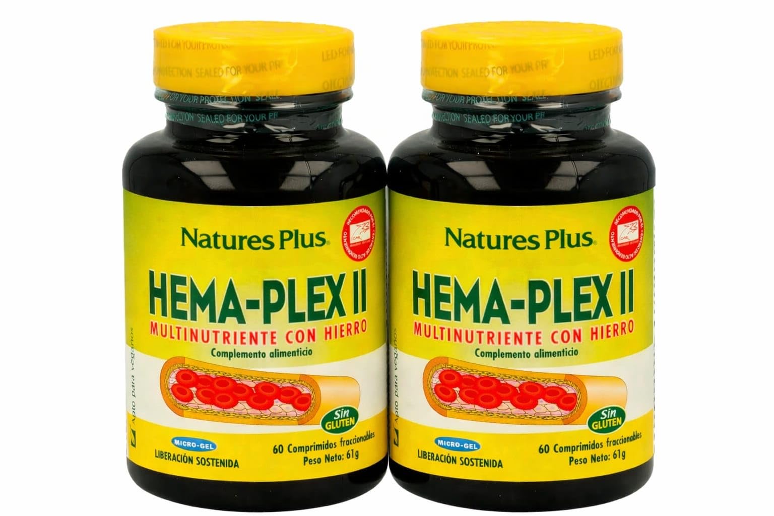 Nature´s Plus HEMA-PLEX II | Pack 2 x 60 Comprimidos | Hierro Suplemento | Acido Folico | Vitaminas B2, B6, B12 | Complemento Alimenticio | Apto para Vegetarianos | Sin Gluten | Sabor Natural