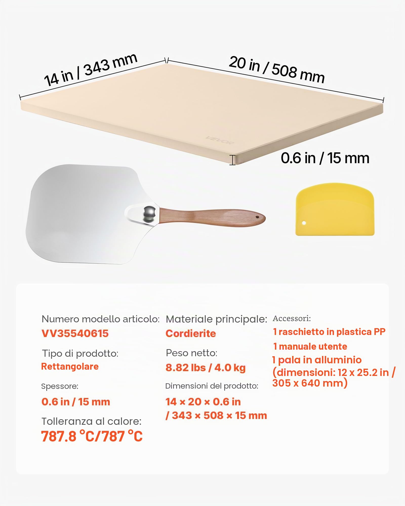 VEVOR Pietra per Pizza, Pietra da Forno per Pizza Rettangolare in Cordierite da 508 x 355 x 15 mm, con Pala in Alluminio, Cordierite Resistente al Calore, per Forno da Cucina, Cottura di Pane