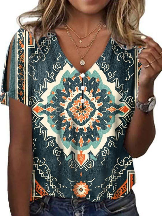 Boho Tops for Women Hippie Paisley Graphic Floral Hide Belly Embroidered Short Sleeve Streetwear Fashion Hawaiian Formal Strapless Business Casual Tank Tops,M