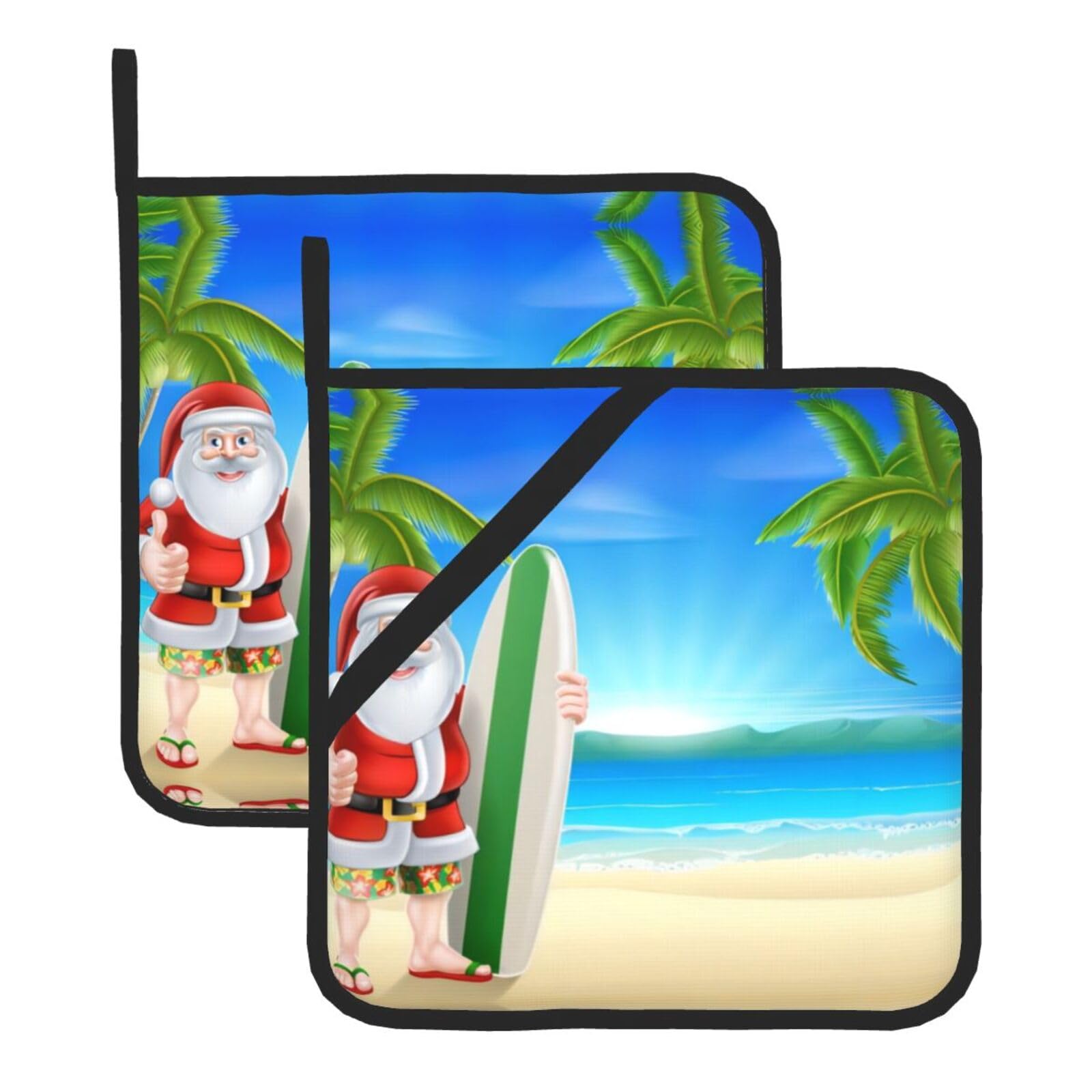 WHJSSF Santa Claus With The Beach And Surfboard Prints Square Pot Holders - Heat Resistant Kitchen Trivets 2-Pack - Waterproof Covers for Hot Dishes, Oven & Grill with Hanging Loop