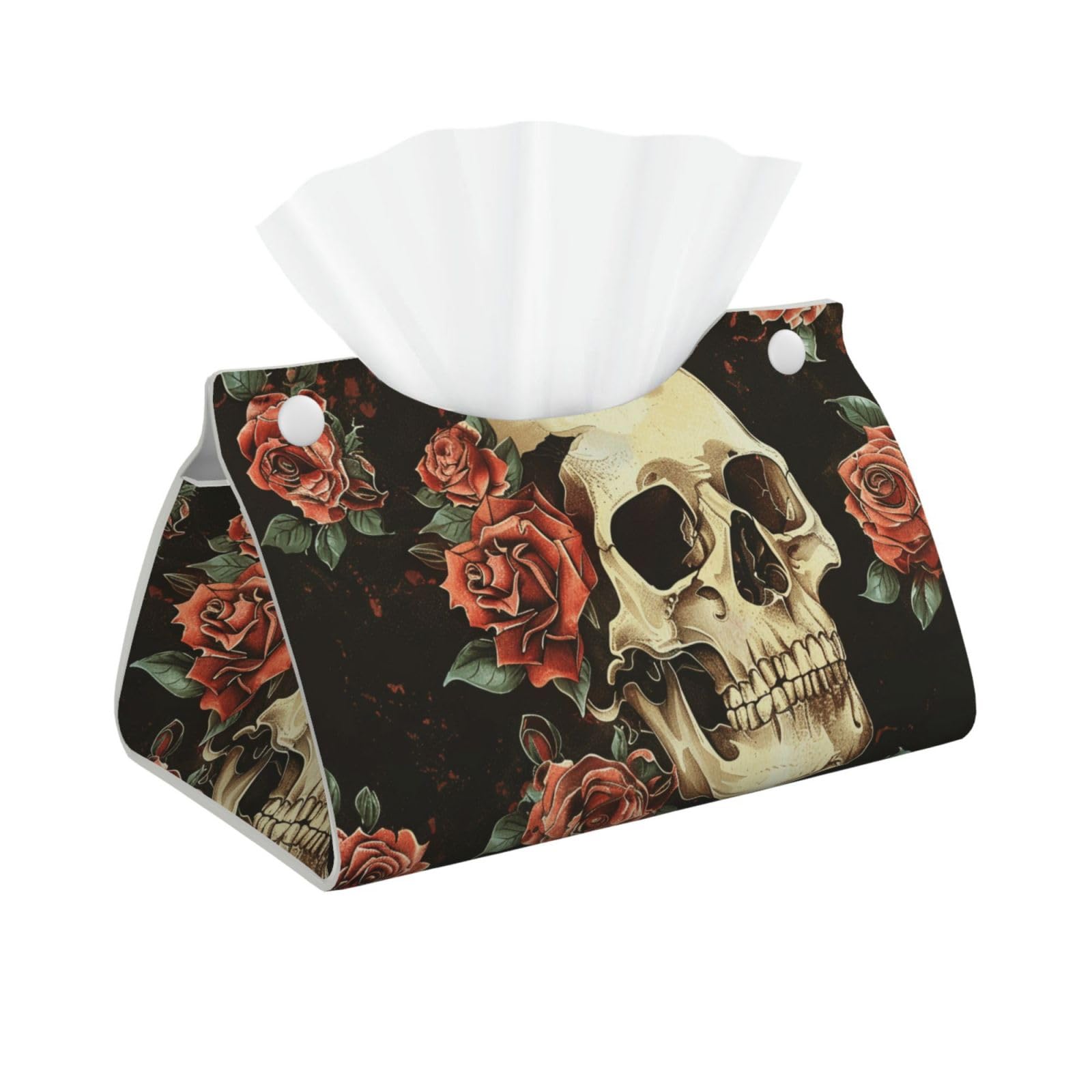 Rose Skull Print Tissue Box Cover Foldable Tissue Storage Box Leather Tissue Cube Box Holder for Living Room Bedroom Office Car Home Decor