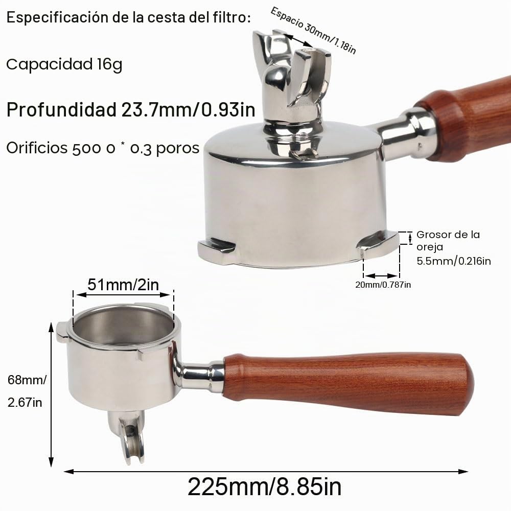 CAPFEI Portafiltro 51 mm 3 orejas con doble caño solo compatible con Delonghi Dedica EC680/EC685/EC785/EC820/EC850/EC860 | cesta de filtro de acero inoxidable con mango de madera