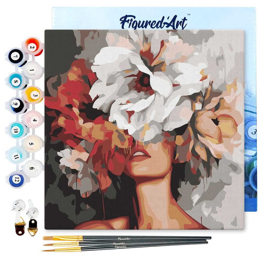 Figured'Art Mini Paint by Numbers Kit for Adults with Frame Beauty Behind Flowers Small Format 20x20cm - Craft Art Painting DIY Canvas Already Stretched on a Wooden Frame