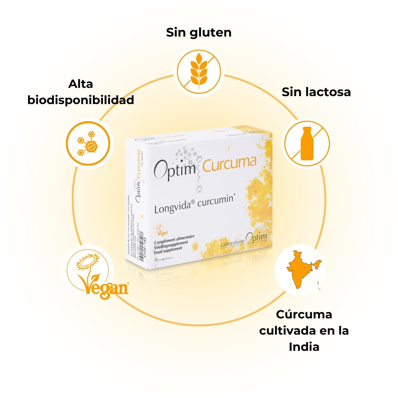 OPTIM Curcuma - Curcumina Longvida 45 Cápsulas - Suplemento de Extracto de Cúrcuma concentrado de alta absorción - sin Pimienta Negra - Sin Soja - Para Articulaciones, Fatiga y Digestión
