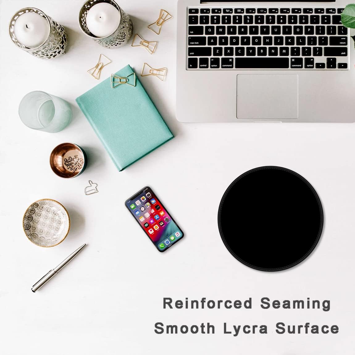 HOPONY Mouse Pad with Stitched Edge, Premium-Textured Mouse Mat with Waterproof Non-Slip Rubber Base, Cute Round Mousepad for Laptop Computer Office Desk Accessories,7.9 x 7.9 inch, Black