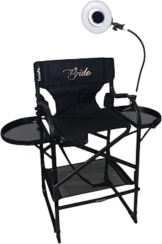 Bridal Tall Heavy Duty Director Chair with Mini Ring LED Light - Perfect for Wedding Makeup for Bride - Italian Design with Adjustable Seat Height-Carry Bag Included