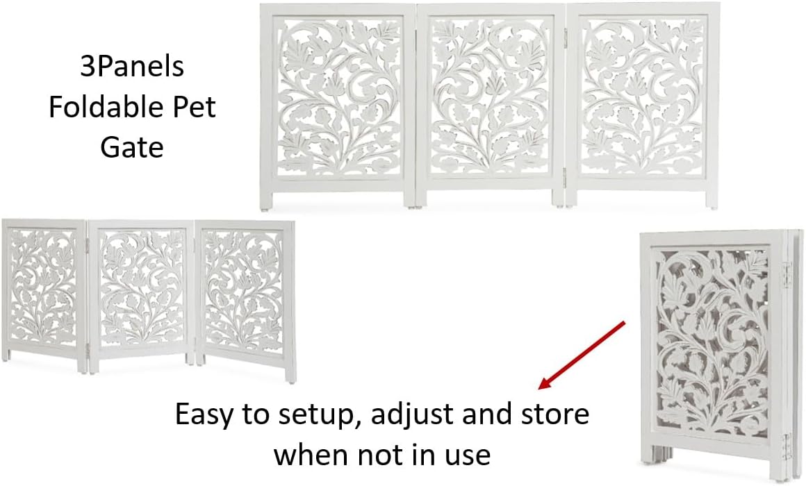 Devla Wooden Dog & Pet Gate – Freestanding Indoor Dog Fence with Foldable 3 Panels, Modern White Finish – Stylish Pet Barrier for Doorways, Stairs, and Hallways – Safe, Durable, and Decorative Design